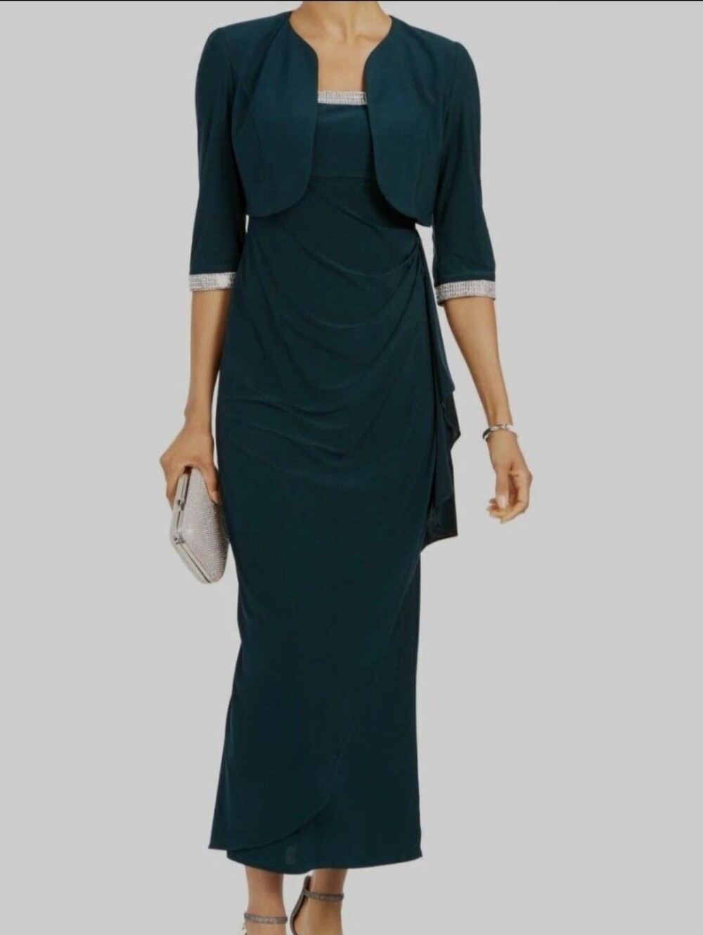 #87--R&M Richards Emerald-Teal Maxi Dress with Bolero